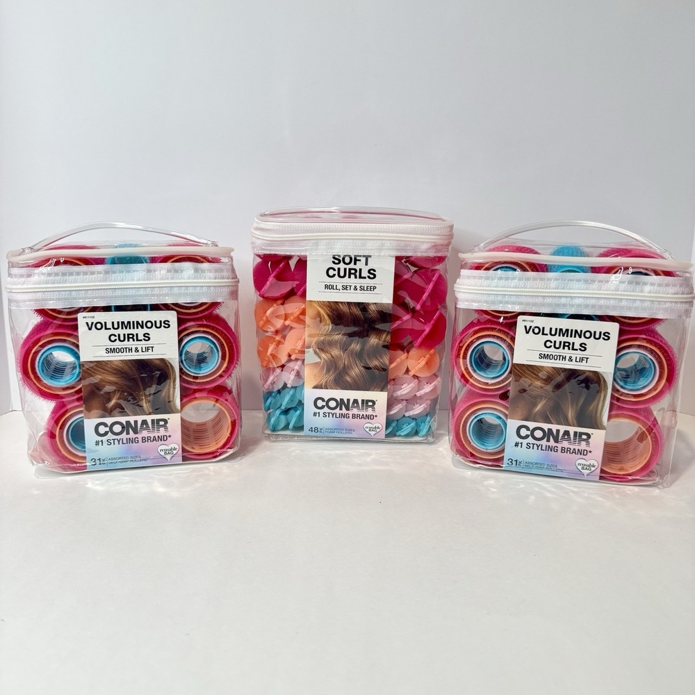 Lot 3 Conair Hair Rollers Voluminous‎ Curls Soft Curls Assorted Sizes New w/ Bag